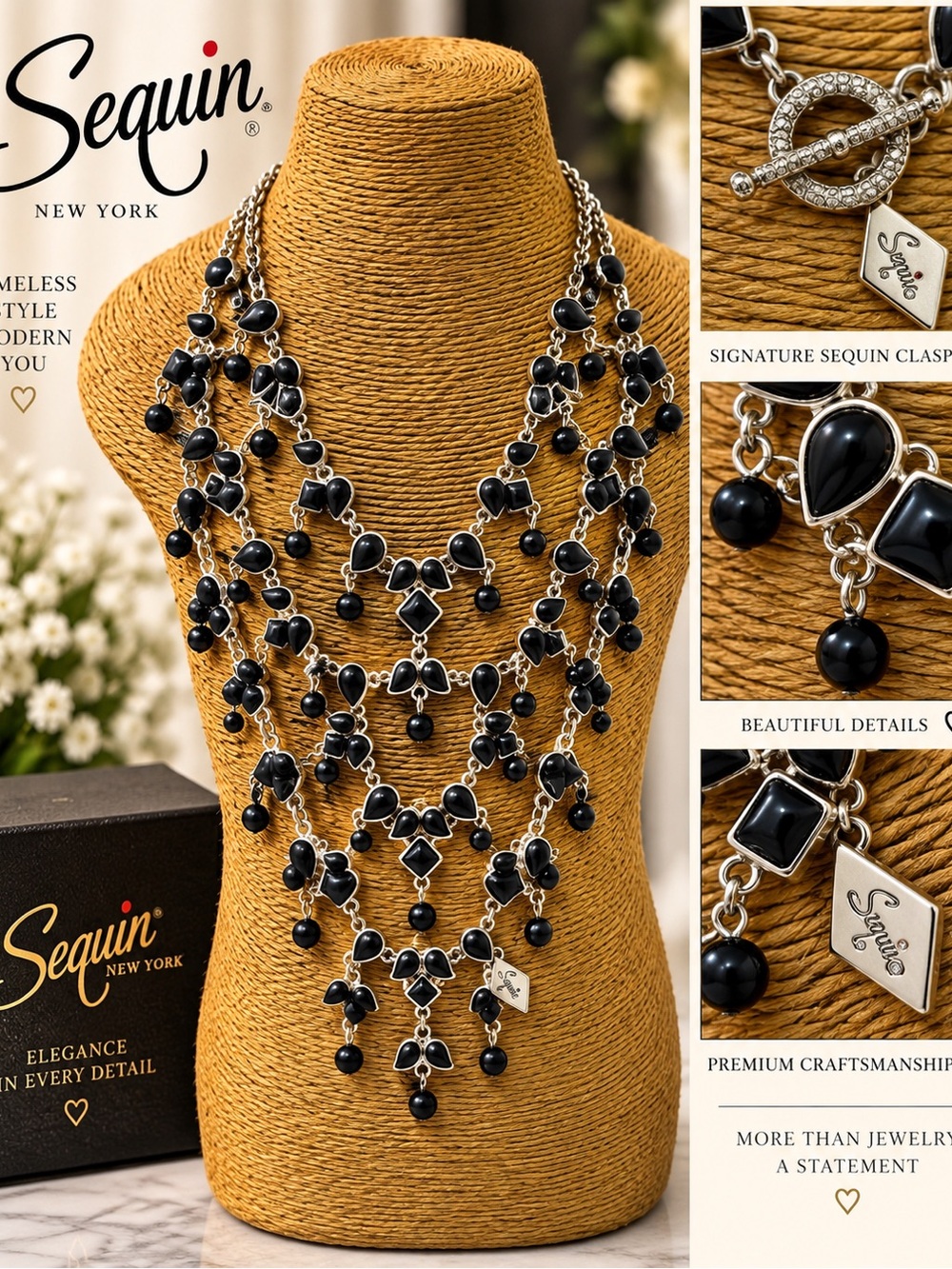 Black Multi-Strand Statement Necklace